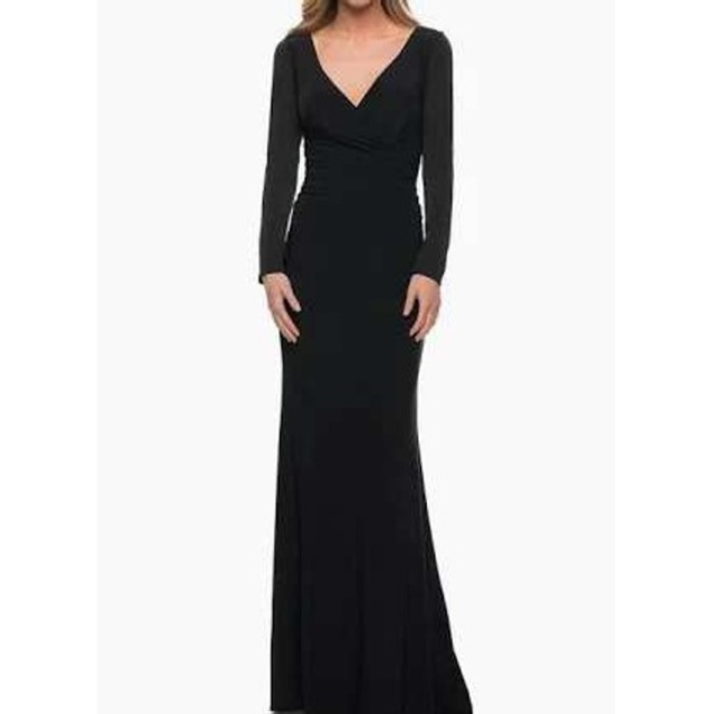 La Femme Long Sleeve Jersey Evening Gown Women 8 29924 Black Ruching Formal